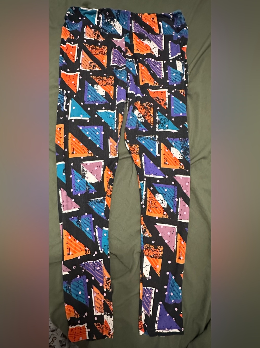LuLaRoe Geometric Triangle Leggings - Black with Orange, Blue & Purple Size XL